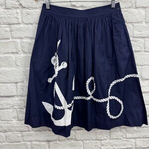 J.Crew Navy Blue Cotton A-Line Pleated Anchor Skirt Size 2 Nautical Coastal